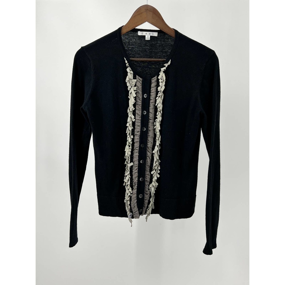 CAbi Fringe Sweater Black Button Front Cashmere Cotton Blend Women's Size M